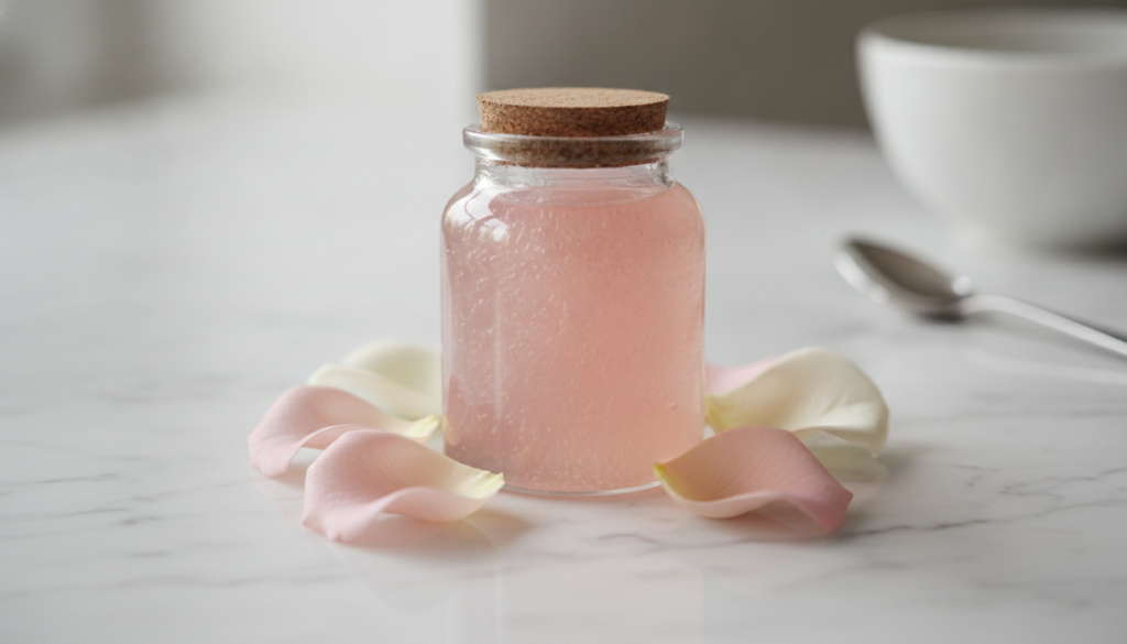 A small clear jar filled with a translucent slightly pink DIY jelly A few rose petals are scattered around the jar on a 
