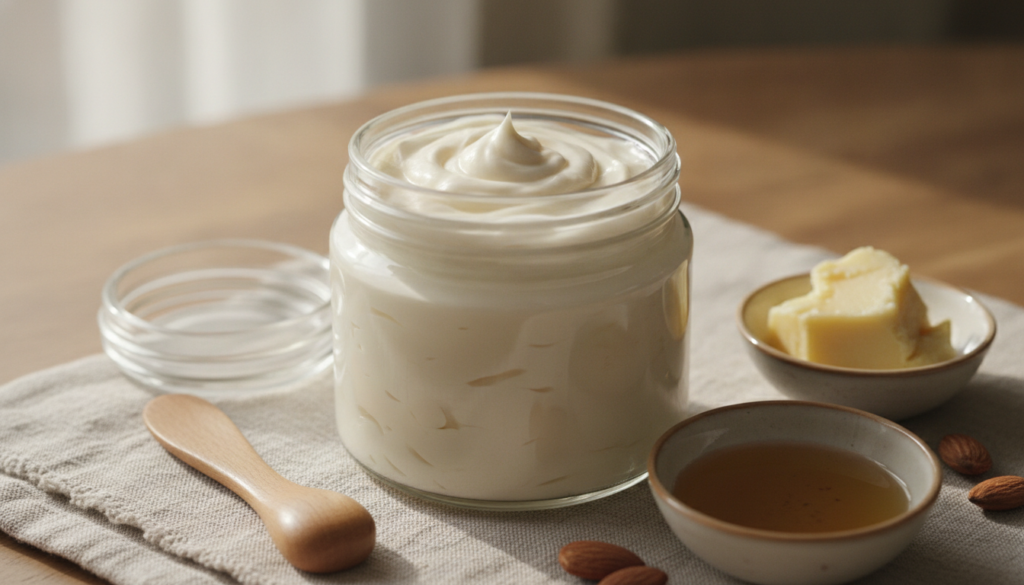 Close-up of a glass jar filled with creamy rich DIY night cream with a small wooden spatula resting beside it surrounded