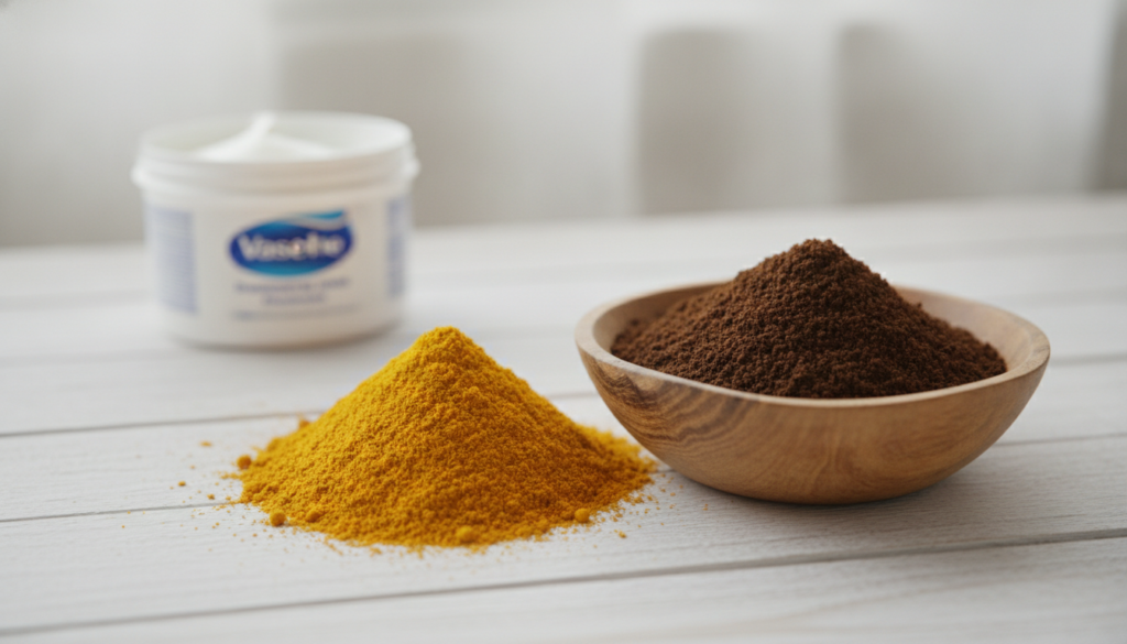 A small pile of vibrant yellow-orange turmeric powder next to a bowl of coffee grounds with a tub of Vaseline in the bac