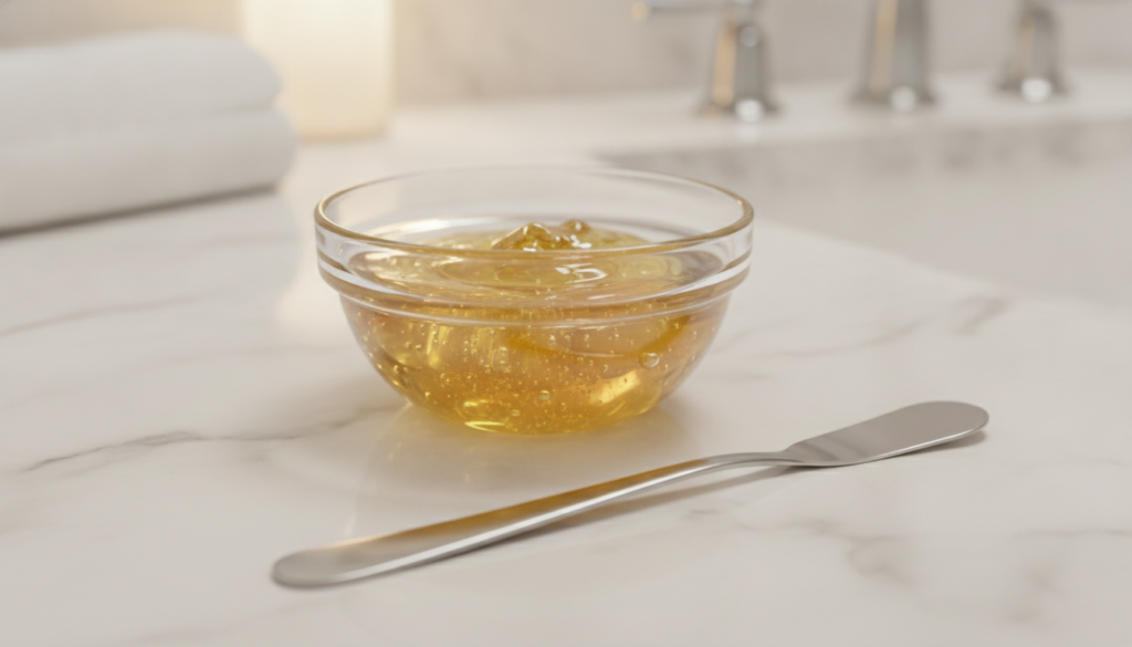 A small bowl containing a mix of honey and Vaseline with a small spatula or spoon next to it on a clean bathroom counter