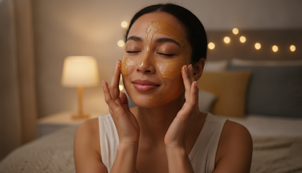 A woman gently applying a honey and Vaseline mixture to her face before bed in a cozy bedroom setting looking natural an