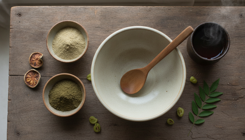Ingredients for a natural hair mask on a wooden surface small bowls of amla powder bhringraj powder and a cup of dark li