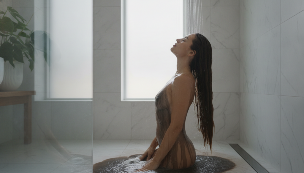 A woman rinsing her hair under a shower after applying a hair mask with dark water flowing down the drain illustrating t
