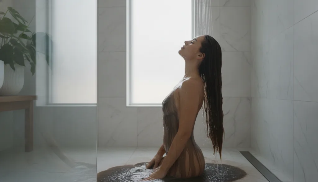 A woman rinsing her hair under a shower after applying a hair mask with dark water flowing down the drain illustrating t