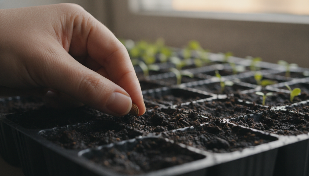 A close-up shot of hands gently planting a tiny seed into soil in a seed starting tray with other sprouted seedlings in 
