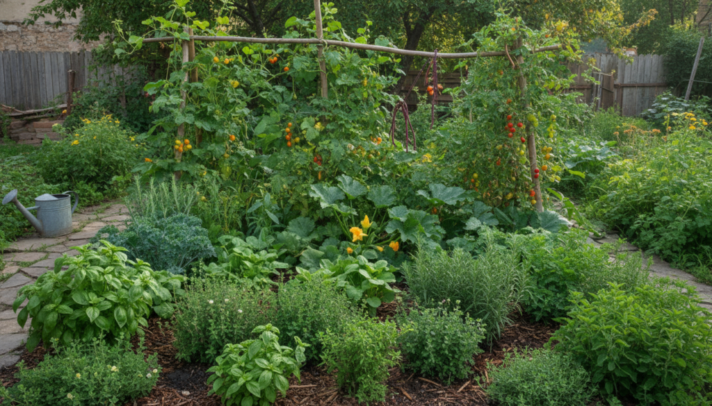 A vibrant lush small vegetable garden showcasing various plants growing closely together with herbs leafy greens and cli