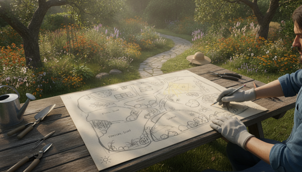 A hand-drawn garden map showing different zones marked for sunlight exposure full sun partial shade etc with a person ob