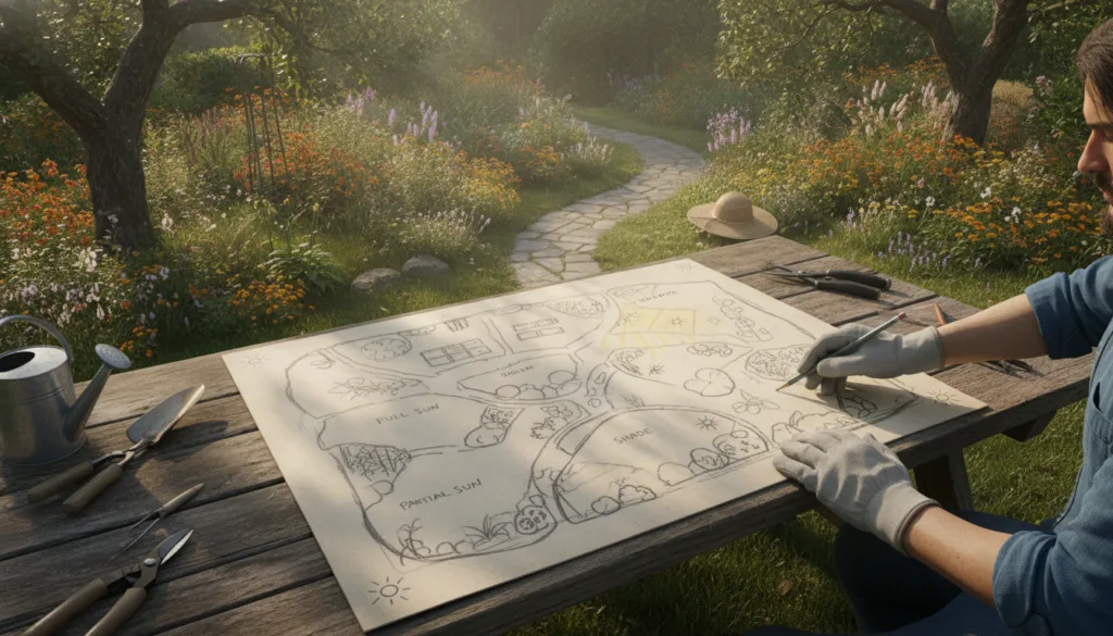 A hand-drawn garden map showing different zones marked for sunlight exposure full sun partial shade etc with a person ob