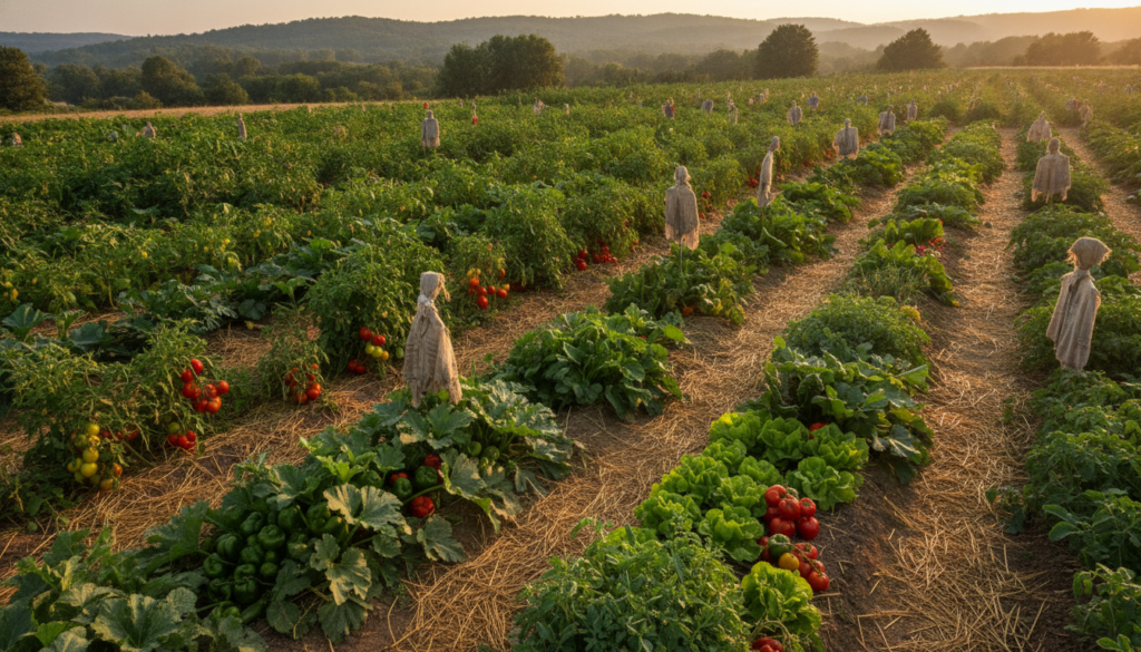 A vibrant lush vegetable garden bathed in golden sunlight with various vegetables like tomatoes lettuce and carrots grow
