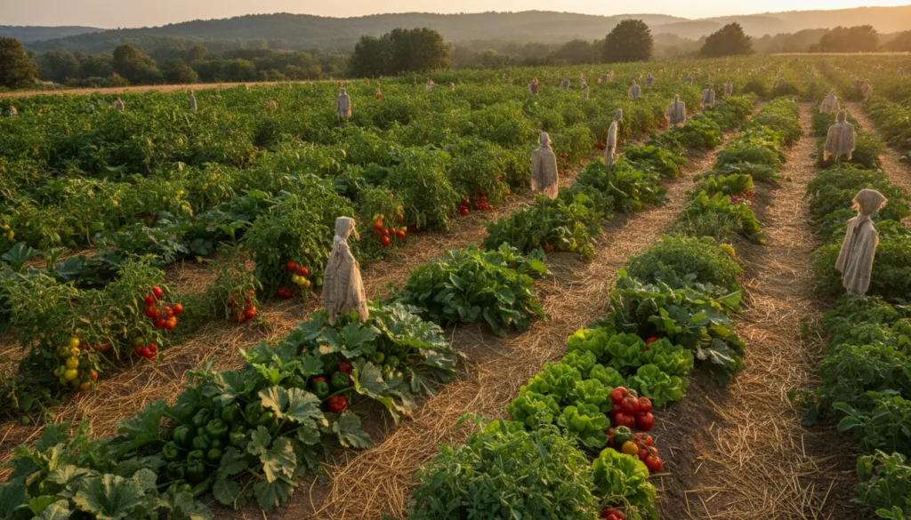 A vibrant lush vegetable garden bathed in golden sunlight with various vegetables like tomatoes lettuce and carrots grow