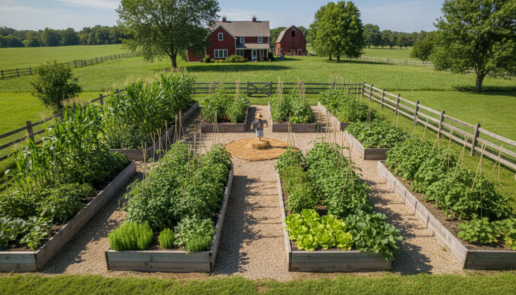 A well-designed vegetable garden layout showing taller plants positioned at the back north side and shorter plants in fr