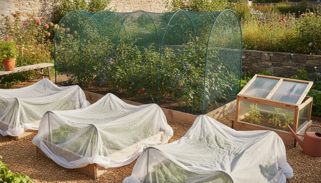 A vibrant well-maintained garden featuring different types of crop protection such as row covers over a vegetable bed ne