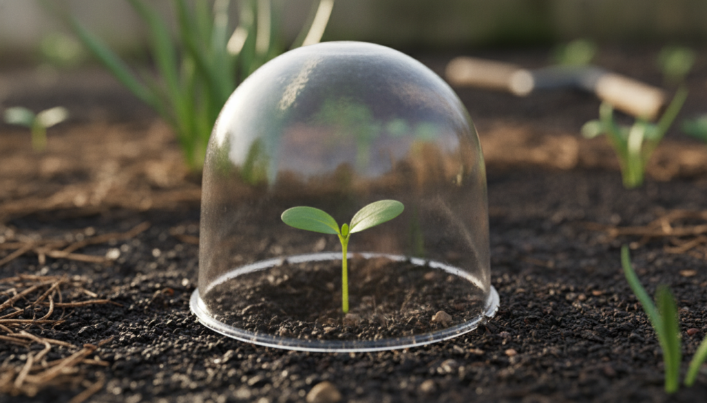 A close-up of a small transparent cloche covering a single young plant in a garden bed protecting it from the elements T
