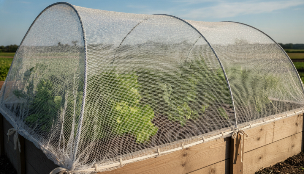 A garden bed with lush green plants fully covered by fine white insect netting secured around the edges The netting look