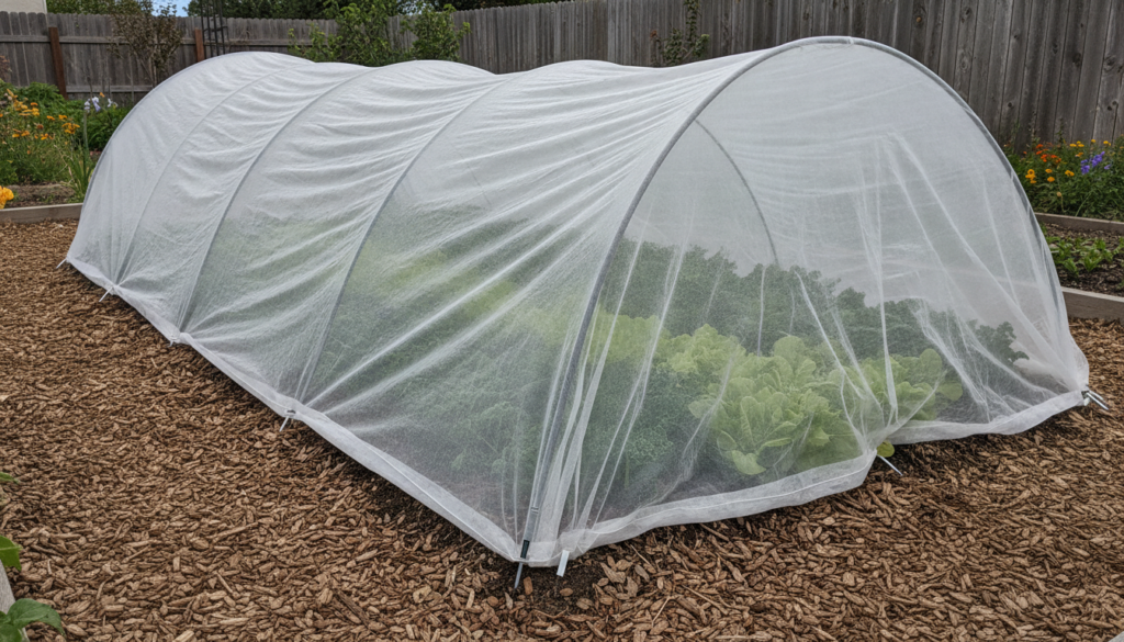 A garden bed with a white floating row cover draped over small vegetable plants secured at the edges to protect them fro