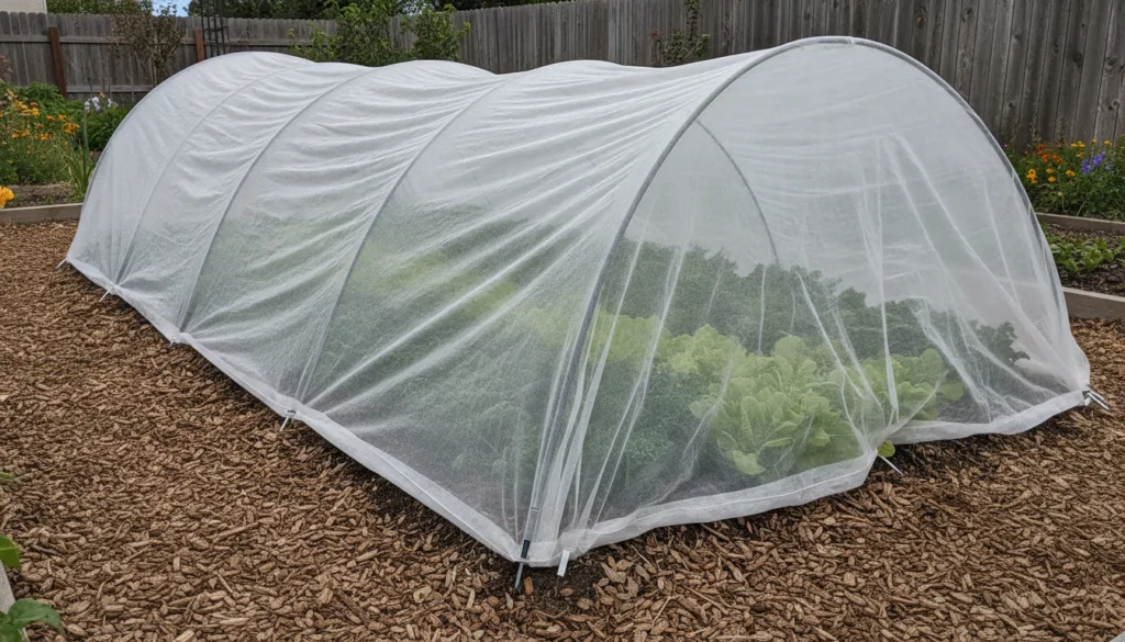A garden bed with a white floating row cover draped over small vegetable plants secured at the edges to protect them fro