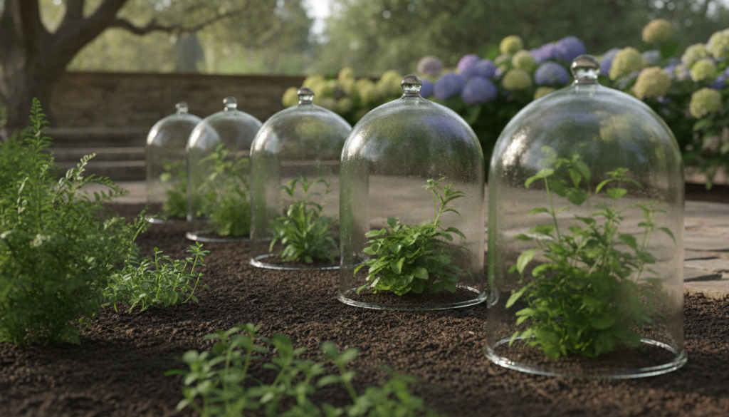 Several clear glass cloches covering individual young plants in a neatly organized garden bed providing protection