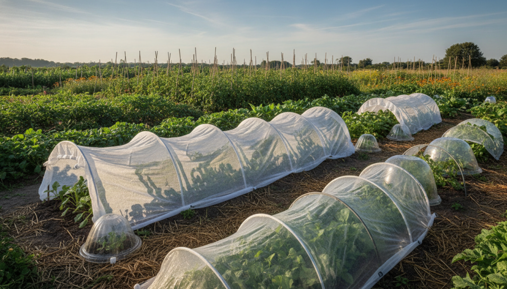 A vibrant vegetable garden with various types of garden covers such as row covers and cloches protecting young plants fr
