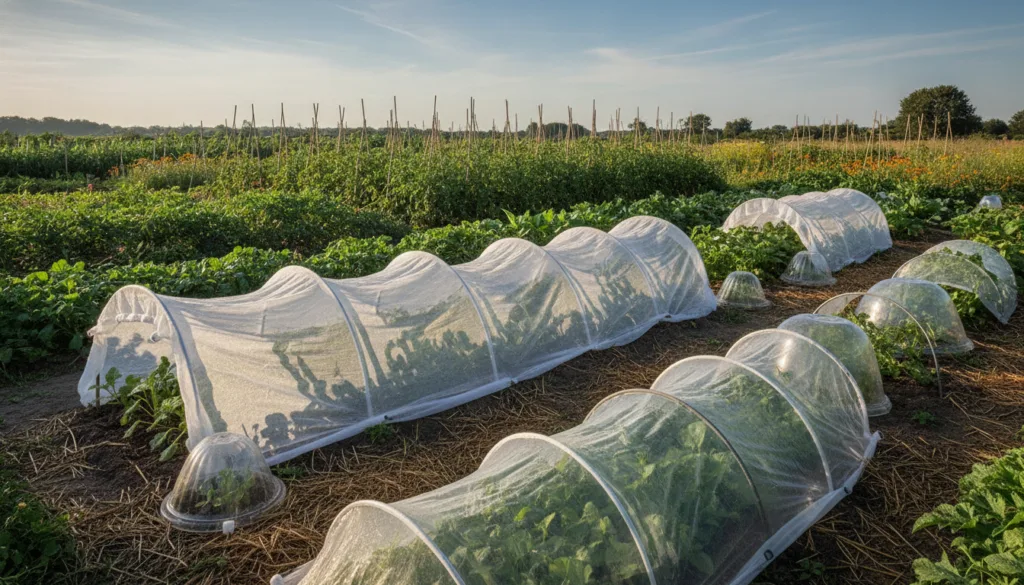 A vibrant vegetable garden with various types of garden covers such as row covers and cloches protecting young plants fr
