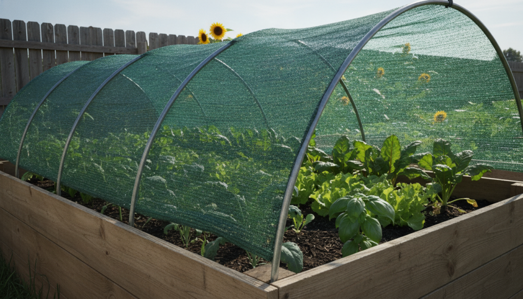 A garden bed with a black or green shade cloth stretched over hoops protecting plants underneath from intense sunlight