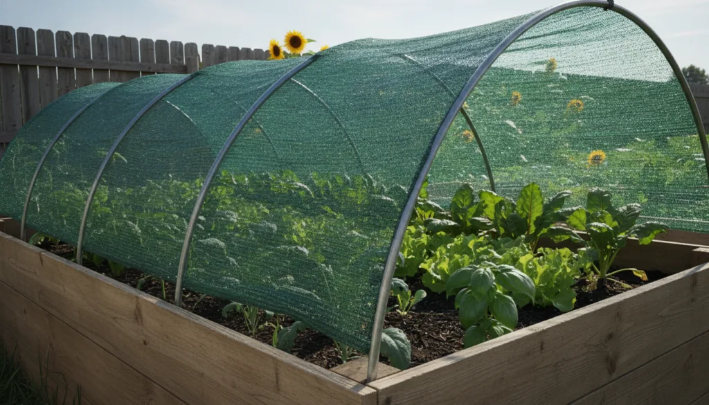A garden bed with a black or green shade cloth stretched over hoops protecting plants underneath from intense sunlight