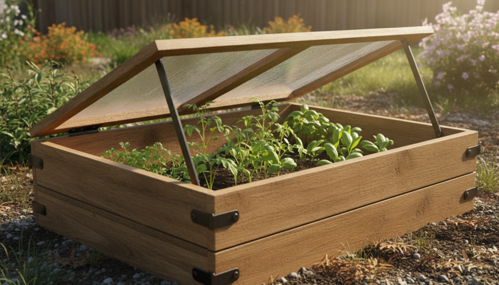 A wooden cold frame with a clear hinged lid filled with healthy young plants in a sunny garden setting