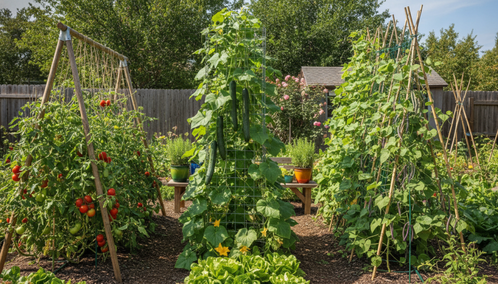 A beautiful thriving vegetable garden with various climbing plants like tomatoes cucumbers and beans growing vertically 