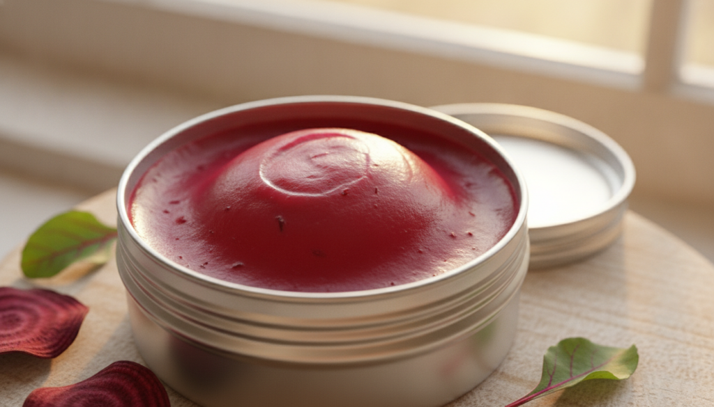 A close-up shot of a small open lip balm container filled with a vibrant pink-red beetroot lip balm The texture looks sm