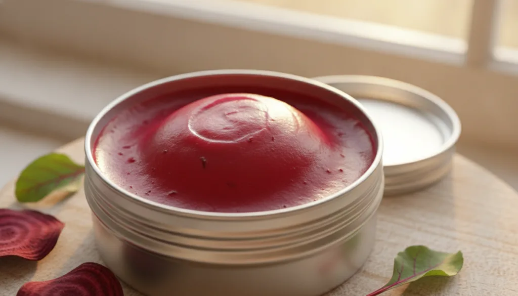 A close-up shot of a small open lip balm container filled with a vibrant pink-red beetroot lip balm The texture looks sm