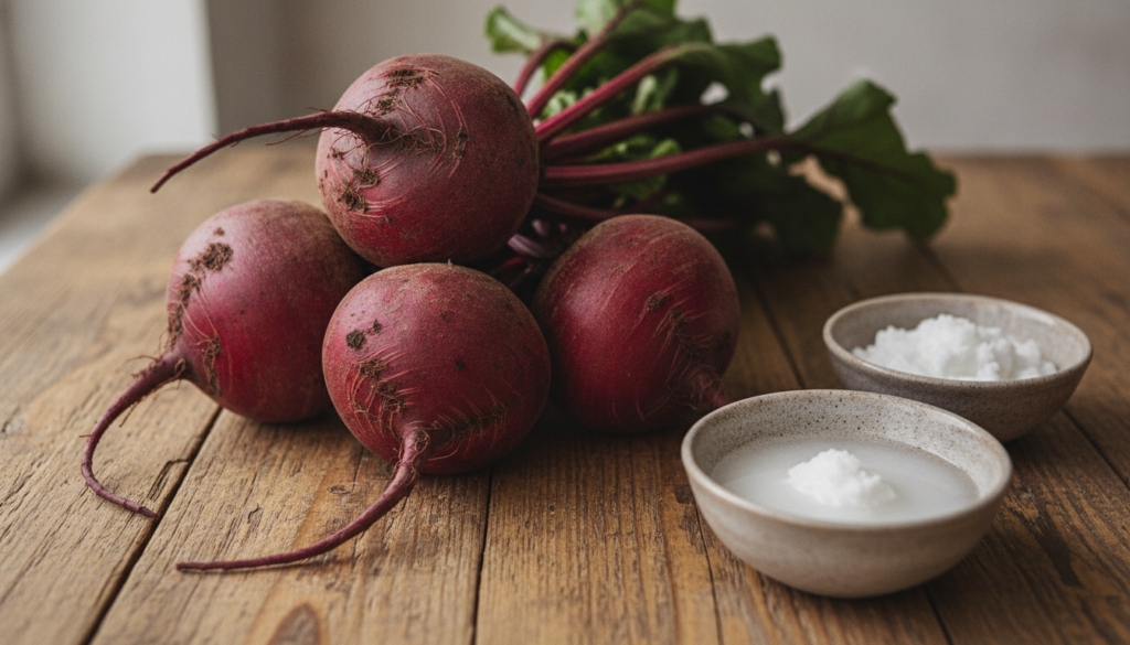 Close-up shot of fresh vibrant red beetroots on a rustic wooden table possibly with some beeswax pellets and coconut oil