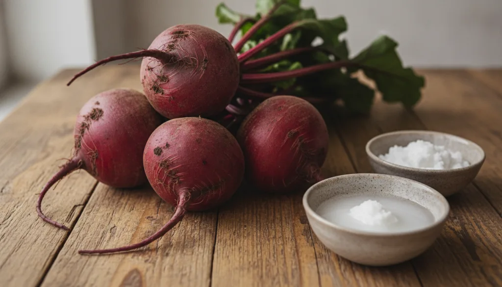 Close-up shot of fresh vibrant red beetroots on a rustic wooden table possibly with some beeswax pellets and coconut oil