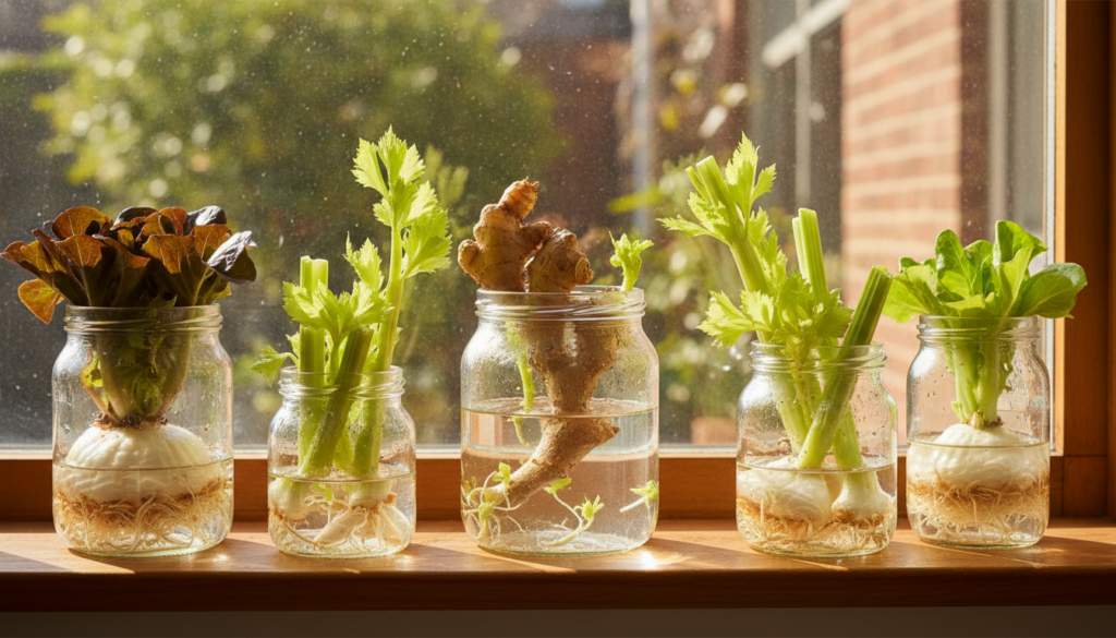 A vibrant collection of kitchen scraps such as the bases of lettuce celery green onions and ginger roots neatly arranged