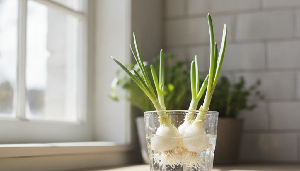 A close-up shot of several green onion stumps with new green shoots emerging standing in a small glass of water on a kit