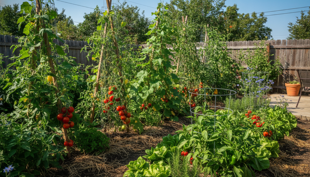 A vibrant vegetable garden with various plants being supported by stakes cages and trellises Tomatoes are on stakes cucu