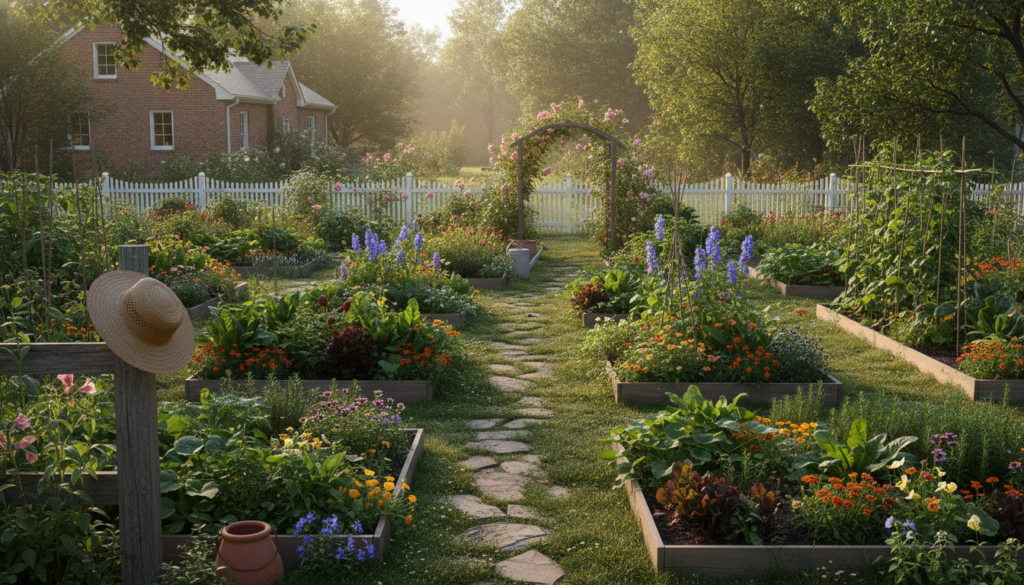 A beautiful diverse backyard garden scene with various vegetables and flowers growing together in harmony There should b