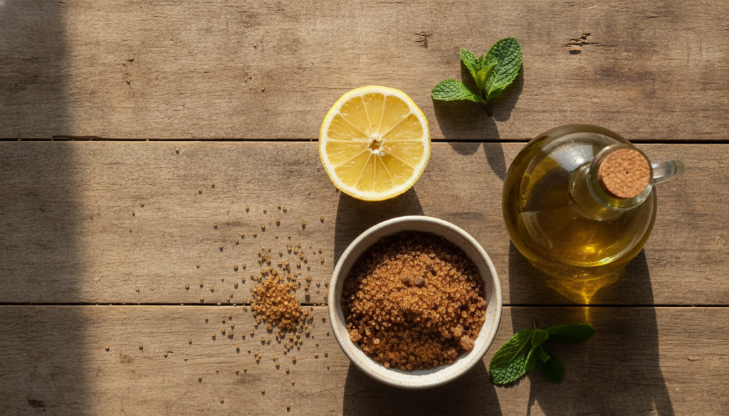 Ingredients for a DIY foot scrub laid out a sliced lemon a small bowl of brown sugar and a small bottle of olive oil on 