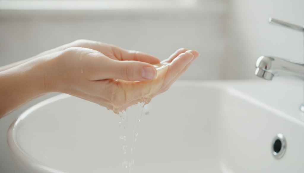 A close-up of a hand gently rinsing a face with lukewarm water to remove a yellow mask with a clean white sink in the ba