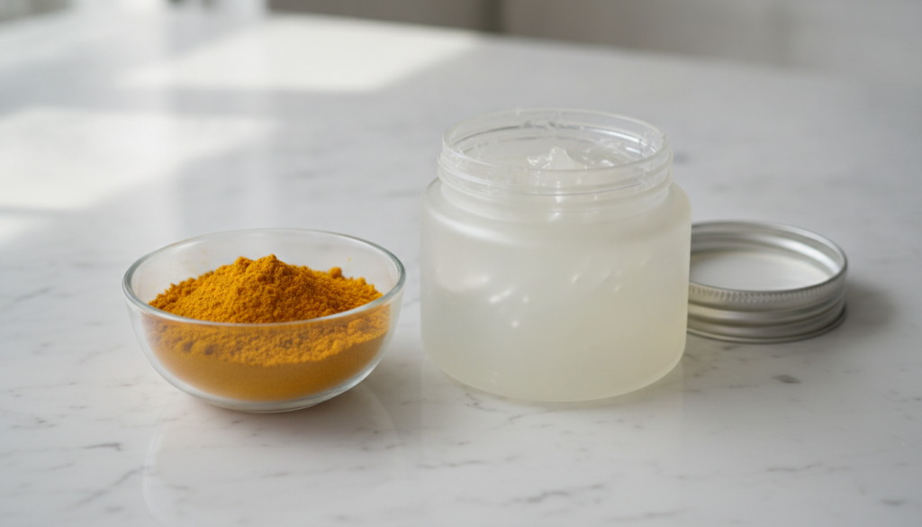 A small bowl with turmeric powder and a jar of Vaseline ready to be mixed on a clean light-colored surface with soft lig