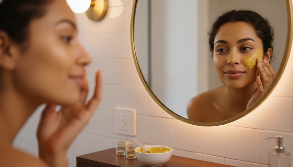 A woman gently applying a yellow turmeric and Vaseline mask to her face in a bathroom mirror reflection showing a glowin