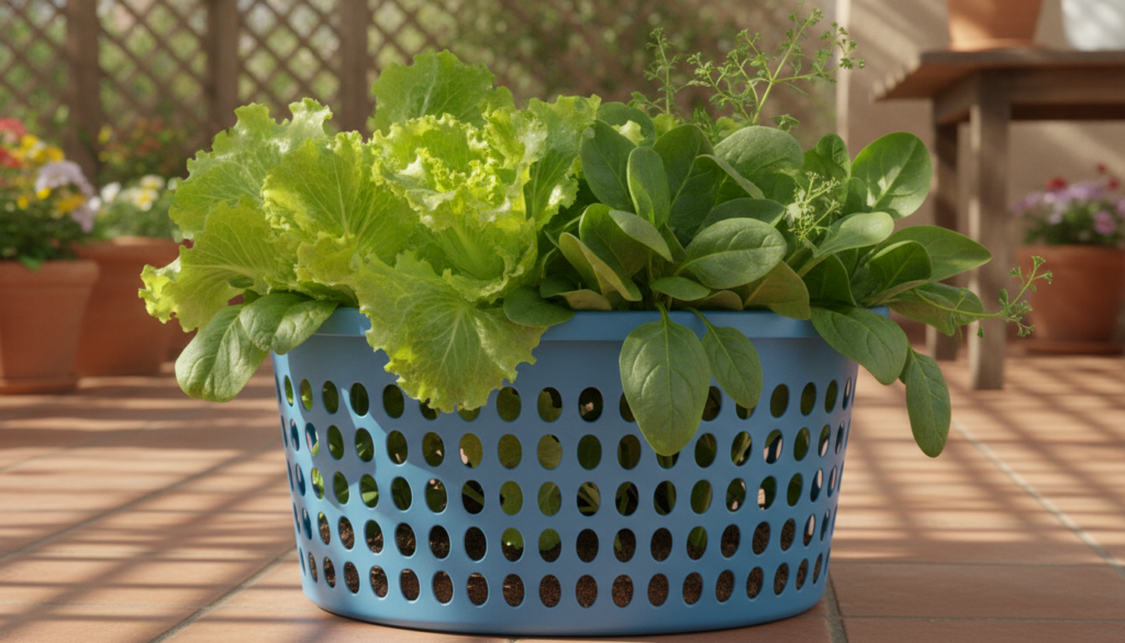 A repurposed plastic laundry basket serving as a thriving container garden filled with healthy green leafy vegetables li
