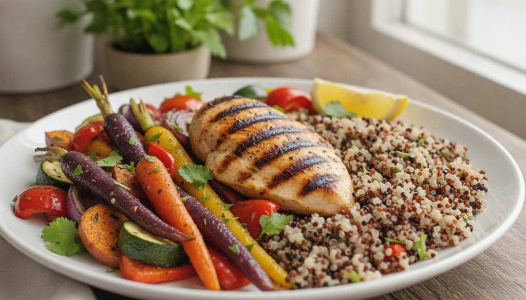 A vibrant balanced meal with various colorful vegetables lean protein and whole grains symbolizing healthy fueling for e