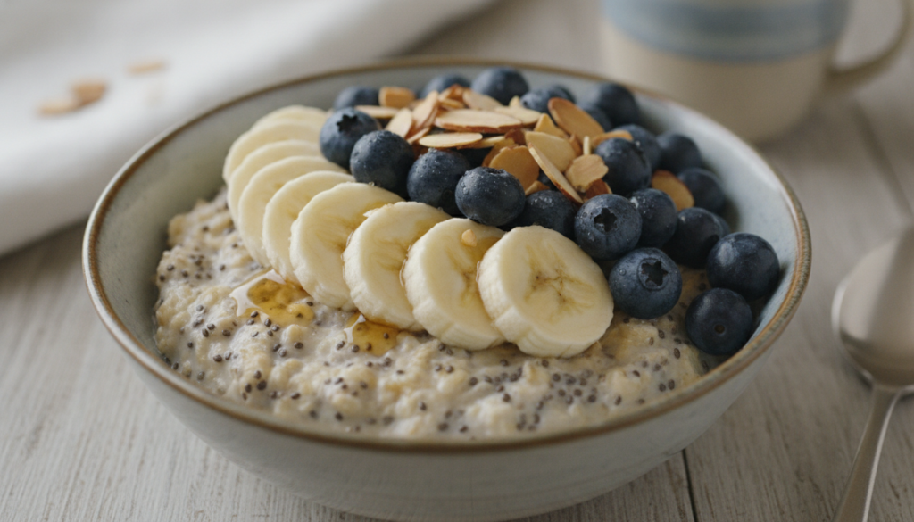 A close-up of a beautifully prepared bowl of Oats Chia oatmeal topped with fresh sliced banana blueberries and a sprinkl