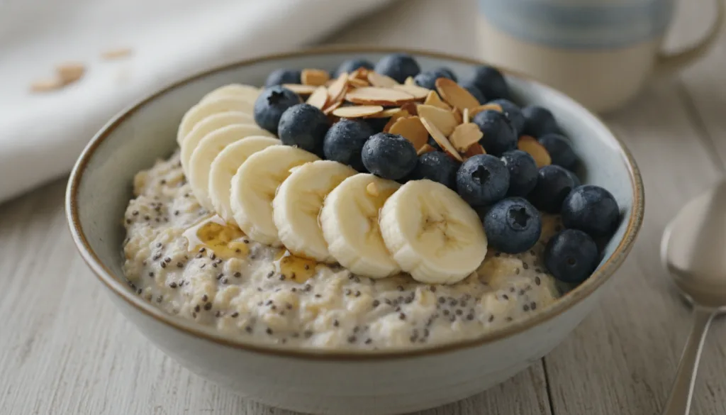 A close-up of a beautifully prepared bowl of Oats Chia oatmeal topped with fresh sliced banana blueberries and a sprinkl