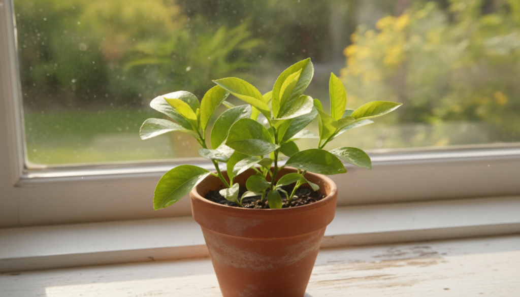 A potted lemon seedling with vibrant green leaves sitting on a sunny windowsill showing healthy new growth