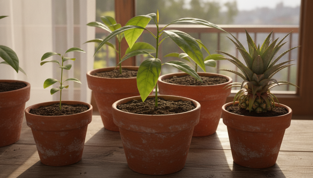 An assortment of small potted fruit plants including a young avocado plant a lemon seedling and a pineapple top growing 