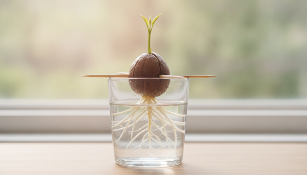 A close-up of an avocado seed sprouting with toothpicks holding it over a glass of water showing roots emerging and a sm