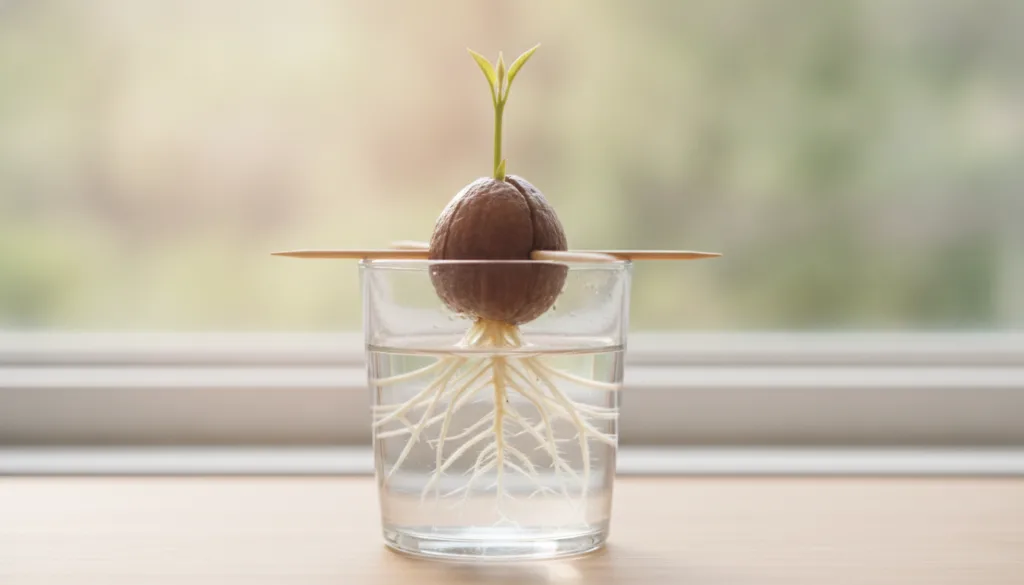 A close-up of an avocado seed sprouting with toothpicks holding it over a glass of water showing roots emerging and a sm