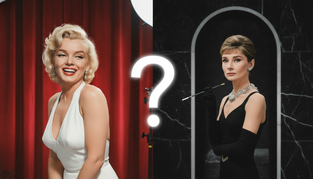 A graphic featuring a debate or voting theme between Marilyn Monroe and Audrey Hepburn with icons for heart and thumbs u