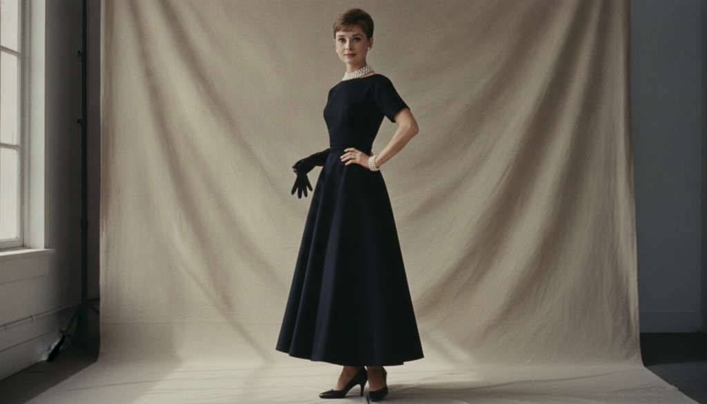 Audrey Hepburn in a classic elegant pose perhaps from Breakfast at Tiffany s or Roman Holiday