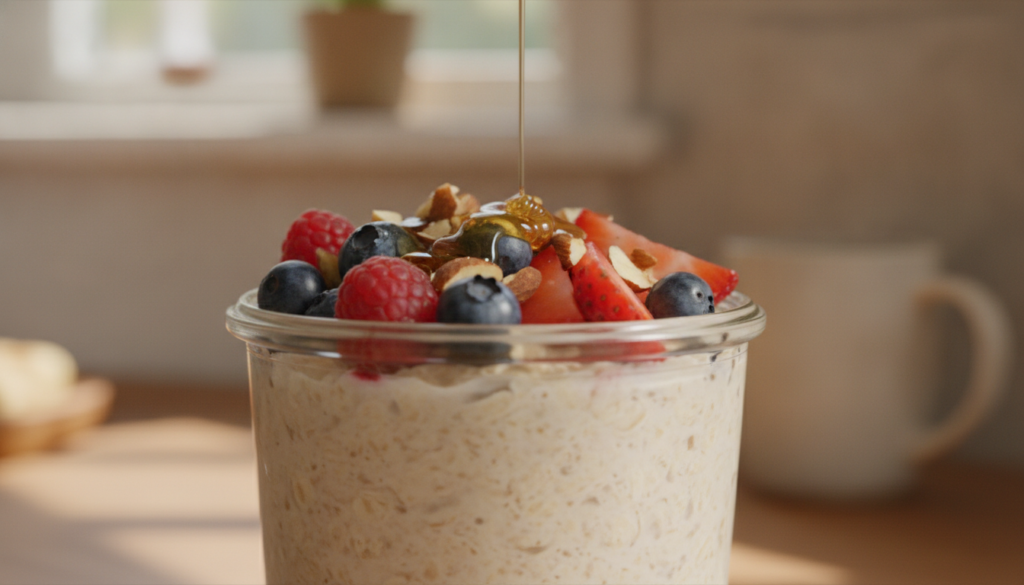A close-up of a beautifully prepared jar of overnight oats topped with fresh berries nuts and a drizzle of honey ready t